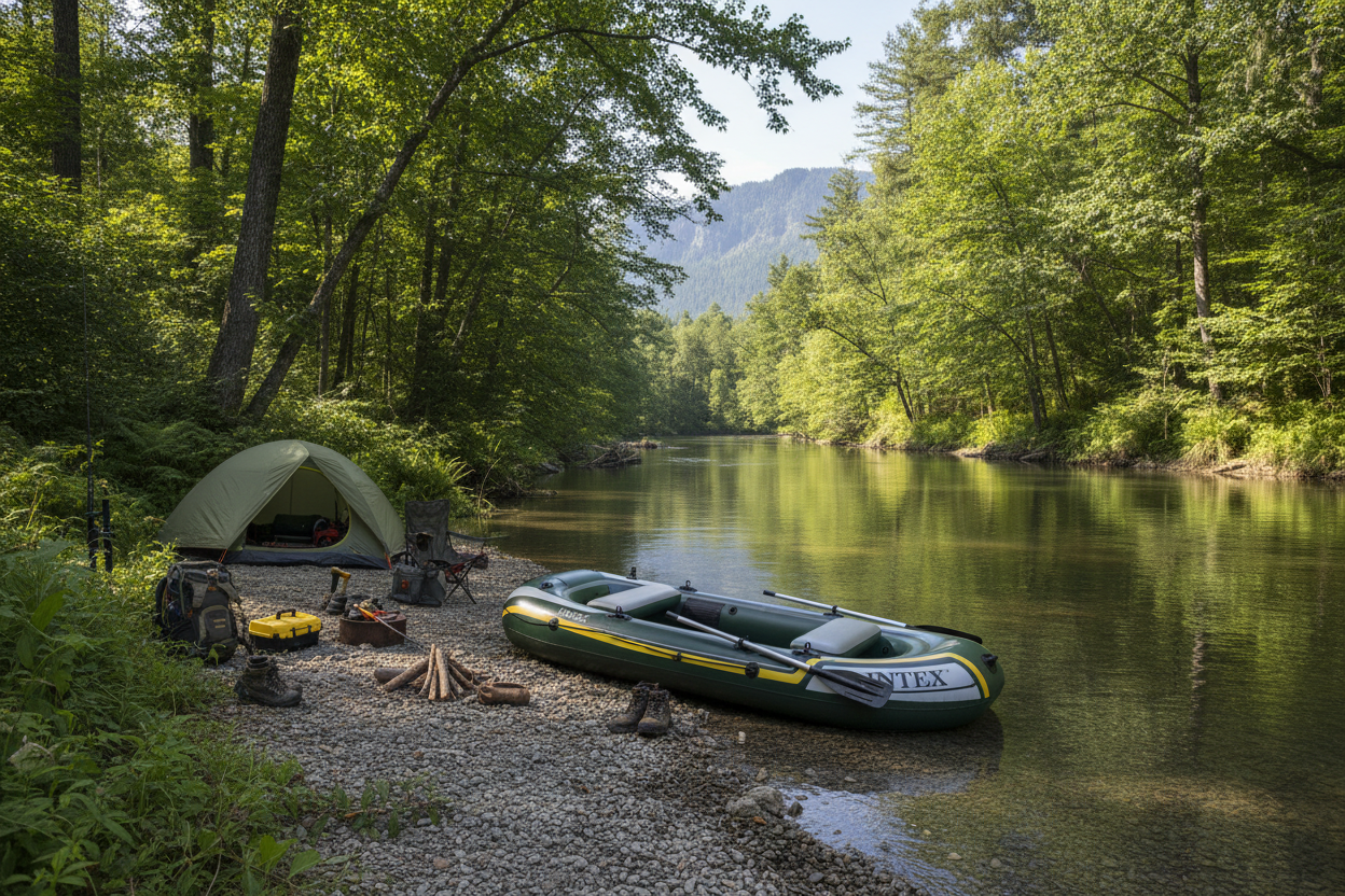 Seahawk 4 on riverbank with camping gear